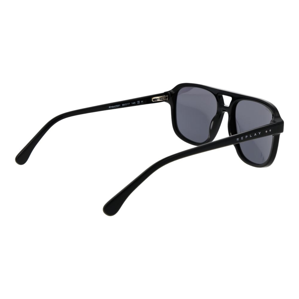 Sunglasses by Replay for men in cotton and black & gray presents a sumptuous silhouette, featuring black coloured frame and aviator full-rim frame design with category-3-dark-tint polarized lens for a sumptuous look.
