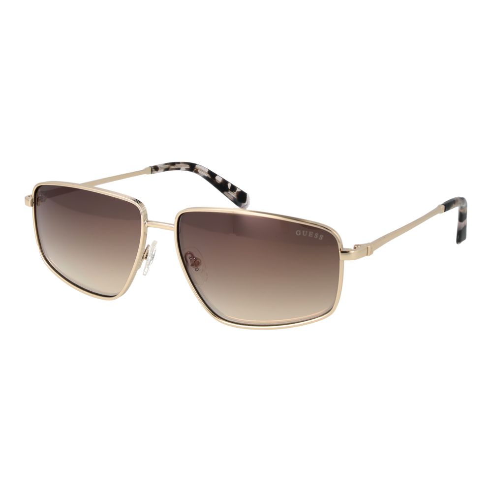 This Sunglasses by Guess for women in metal gold presents a sumptuous silhouette, showcasing a sumptuous rectangle full-rim frame design in gold coloured frame and high-performance gradient category-3-dark-tint lens.