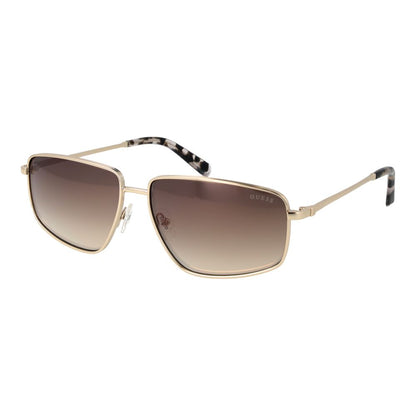 This Sunglasses by Guess for women in metal gold presents a sumptuous silhouette, showcasing a sumptuous rectangle full-rim frame design in gold coloured frame and high-performance gradient category-3-dark-tint lens.
