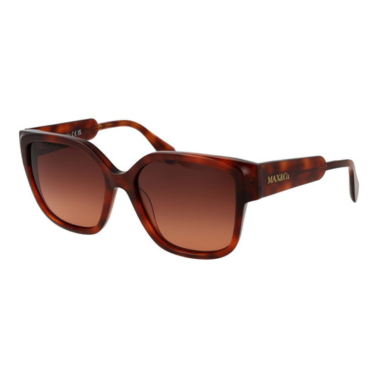 This Sunglasses by Max & Co for women in plastic brown presents a sumptuous silhouette, showcasing a sumptuous butterfly full-rim frame design in brown coloured frame and high-performance gradient category-3-dark-tint lens.