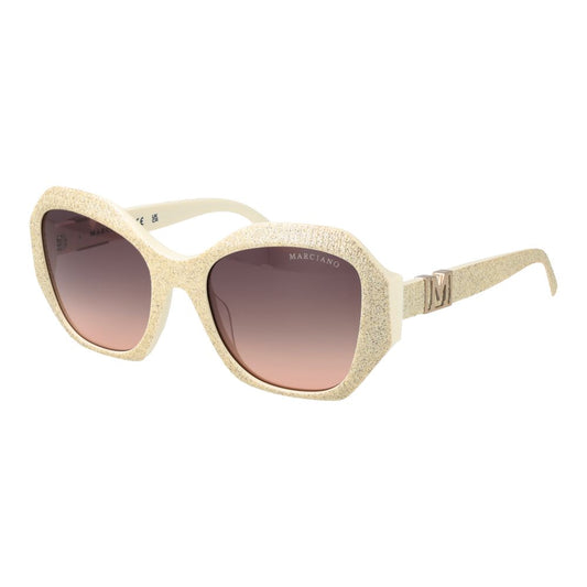 Sunglasses by Marciano by Guess for women in plastic beige features an lustrous butterfly full-rim frame design with cream coloured frame detailing and gradient category-2-medium-tint lens for a lustrous aesthetic.