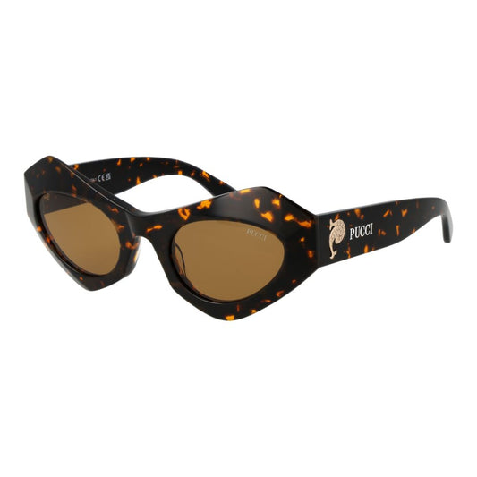 Sunglasses by Emilio Pucci for women in plastic brown features an ethereal full-rim cat-eye frame design with brown coloured frame frames and non-polarized category-2-medium-tint lens for a ethereal finish.