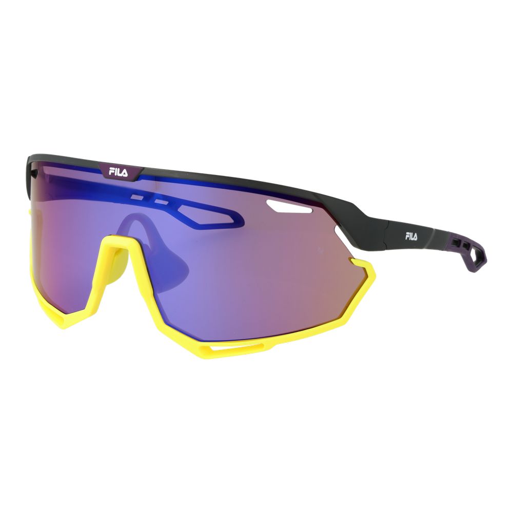 Sunglasses by Fila for men in black features an lustrous full-rim mono-lens frame design with black coloured frame detailing and mirrored category-2-medium-tint lens for a lustrous aesthetic.