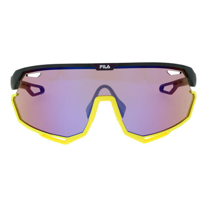 Sunglasses by Fila for men in and black presents a sumptuous silhouette, featuring black coloured frame and full-rim mono-lens frame design with mirrored category-2-medium-tint lens for a sumptuous look.