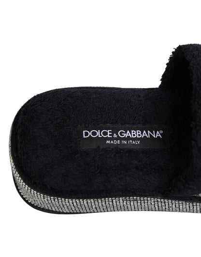 Dolce & Gabbana Women's Terrycloth Cotton Crystal & Goat Leather Platform Flip-Flop Slider Sandals - Black