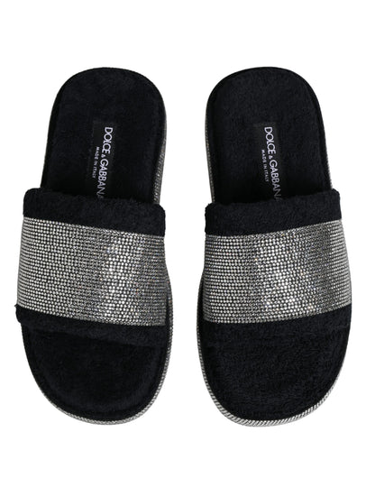 Dolce & Gabbana Women's Terrycloth Cotton Crystal & Goat Leather Platform Flip-Flop Slider Sandals - Black