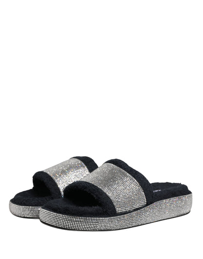 Dolce & Gabbana Women's Terrycloth Cotton Crystal & Goat Leather Platform Flip-Flop Slider Sandals - Black