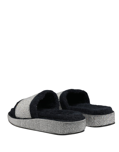 Dolce & Gabbana Women's Terrycloth Cotton Crystal & Goat Leather Platform Flip-Flop Slider Sandals - Black