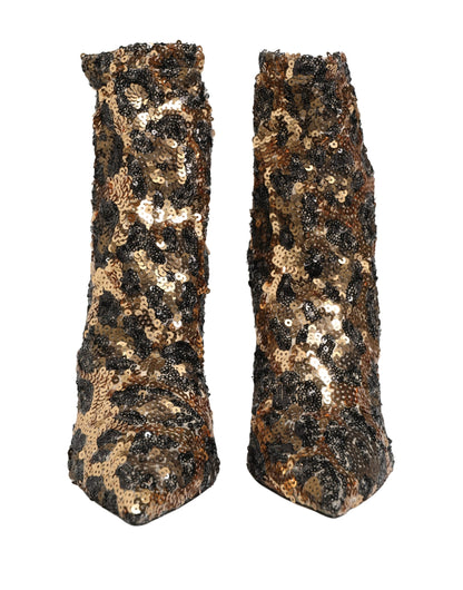 Dolce & Gabbana Women's Goat Leather Sequins Nylon & Polyester Sock Ankle Short Boots - Gold Leopard Print Print