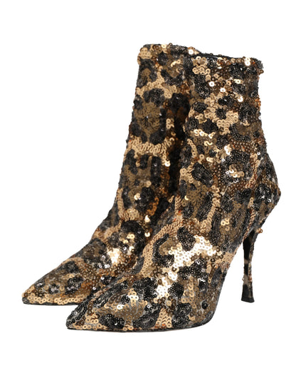 Dolce & Gabbana Women's Goat Leather Sequins Nylon & Polyester Sock Ankle Short Boots - Gold Leopard Print Print