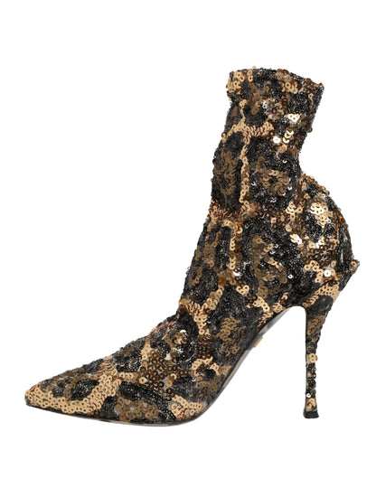 Dolce & Gabbana Women's Goat Leather Sequins Nylon & Polyester Sock Ankle Short Boots - Gold Leopard Print Print