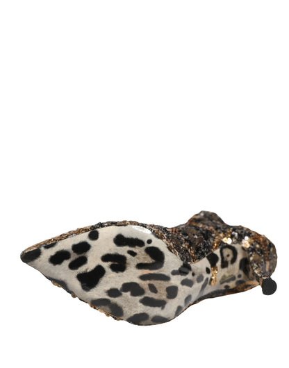 Dolce & Gabbana Women's Goat Leather Sequins Nylon & Polyester Sock Ankle Short Boots - Gold Leopard Print Print