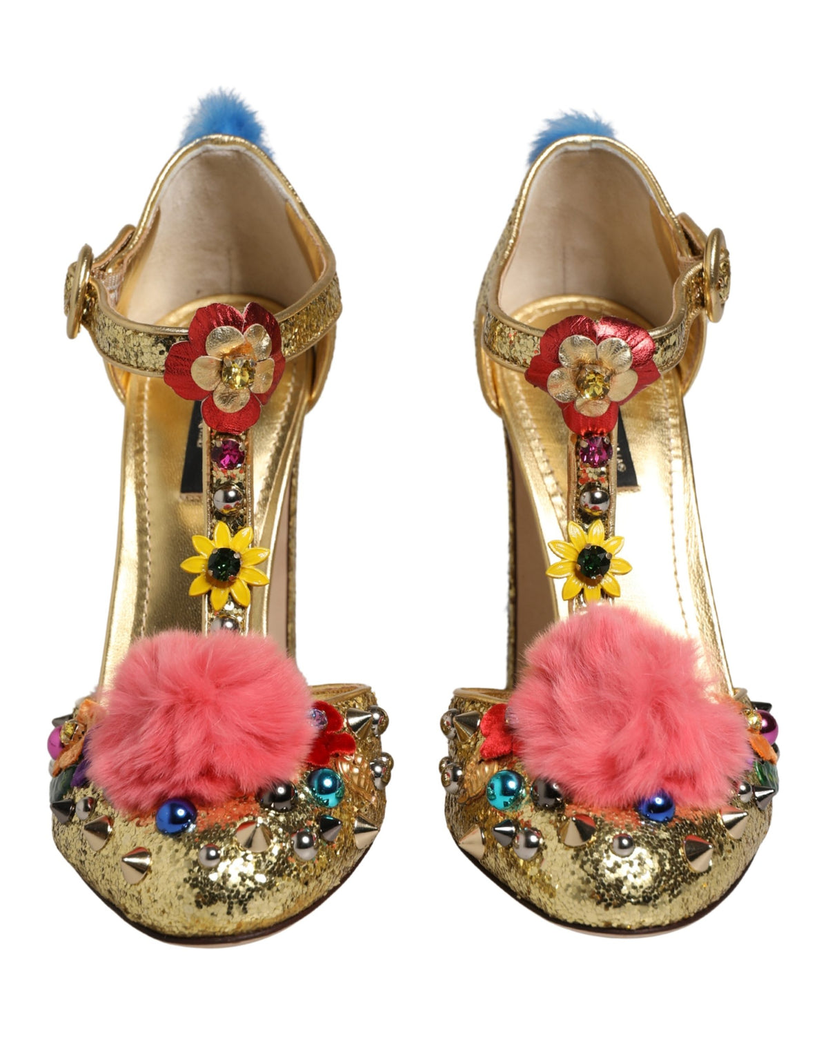 Dolce & Gabbana Women's Leather Polyurethane Viscose & Fur Stiletto T-Strap Strap Sandals - Gold