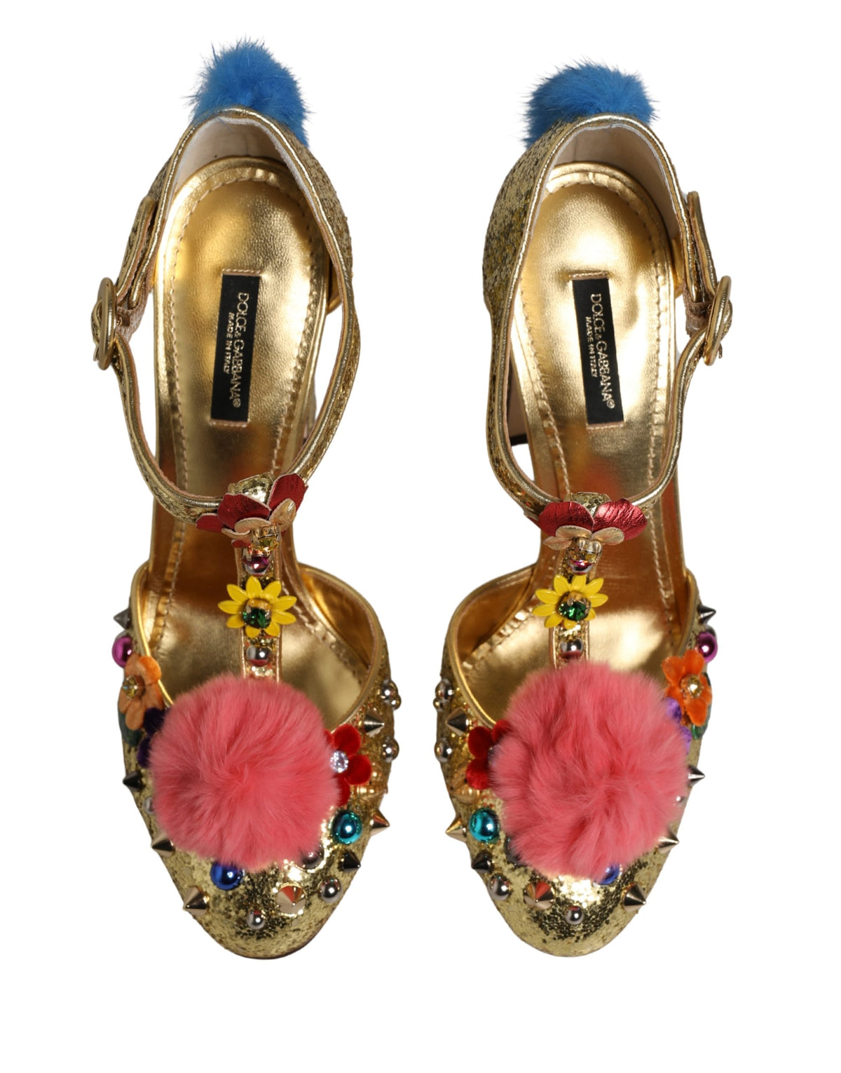 Dolce & Gabbana Women's Leather Polyurethane Viscose & Fur Stiletto T-Strap Strap Sandals - Gold