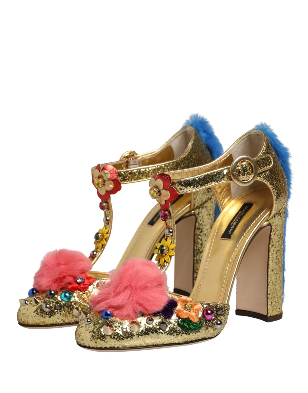 Dolce & Gabbana Women's Leather Polyurethane Viscose & Fur Stiletto T-Strap Strap Sandals - Gold