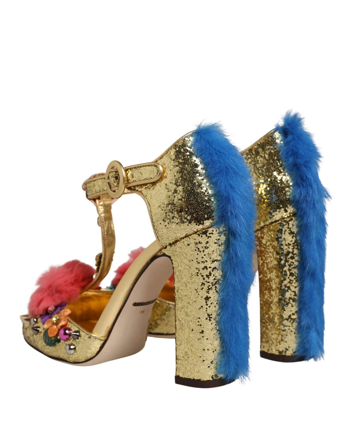 Dolce & Gabbana Women's Leather Polyurethane Viscose & Fur Stiletto T-Strap Strap Sandals - Gold