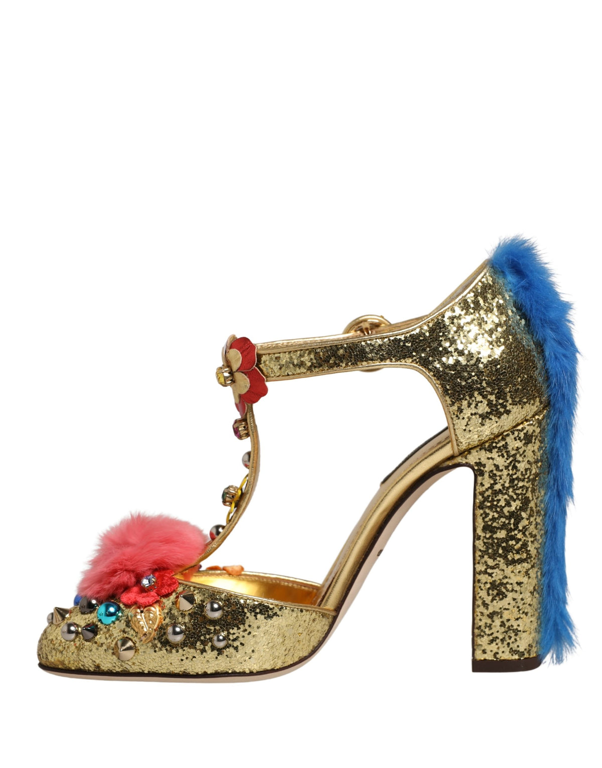 Dolce & Gabbana Women's Leather Polyurethane Viscose & Fur Stiletto T-Strap Strap Sandals - Gold