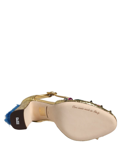 Dolce & Gabbana Women's Leather Polyurethane Viscose & Fur Stiletto T-Strap Strap Sandals - Gold