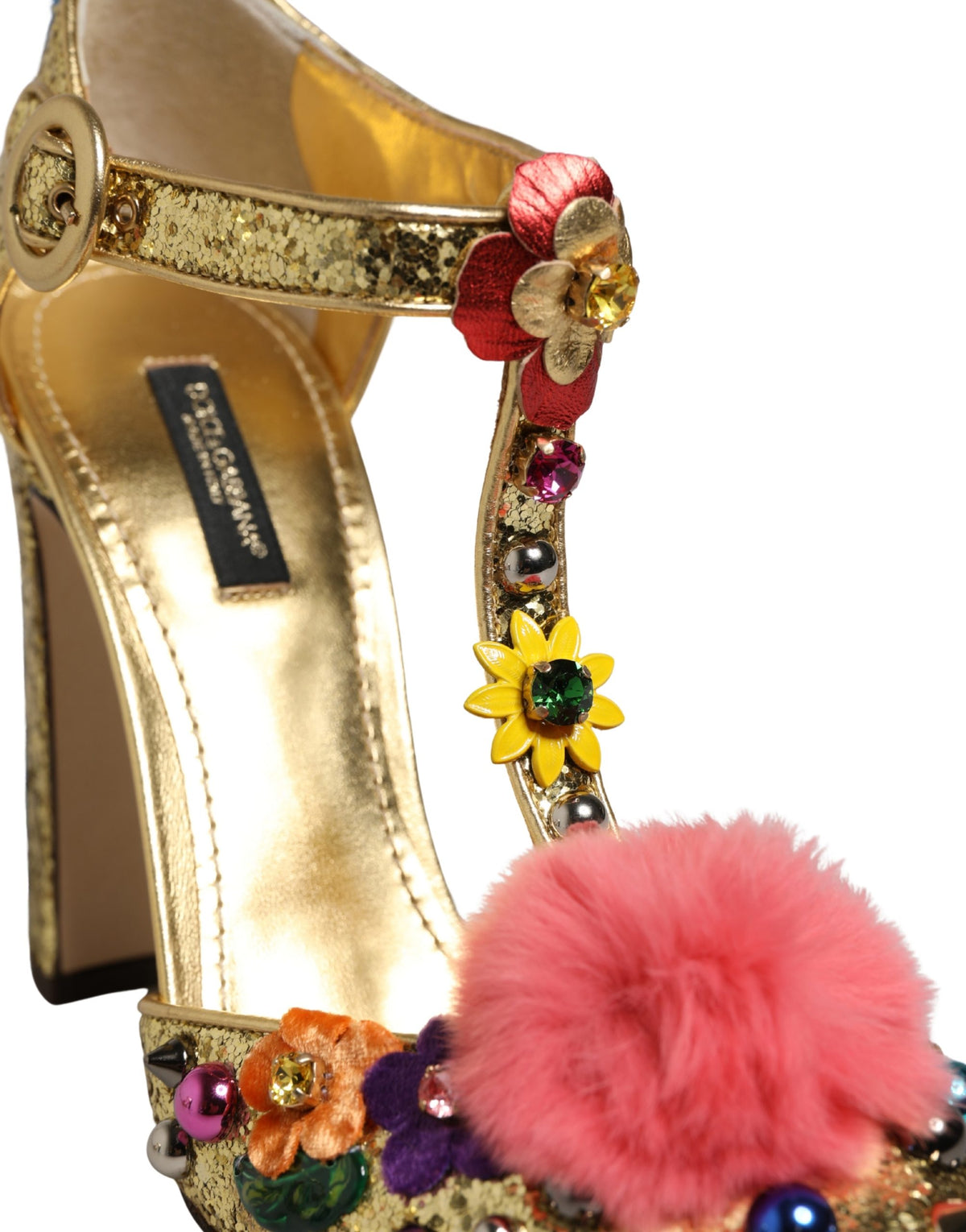 Dolce & Gabbana Women's Leather Polyurethane Viscose & Fur Stiletto T-Strap Strap Sandals - Gold