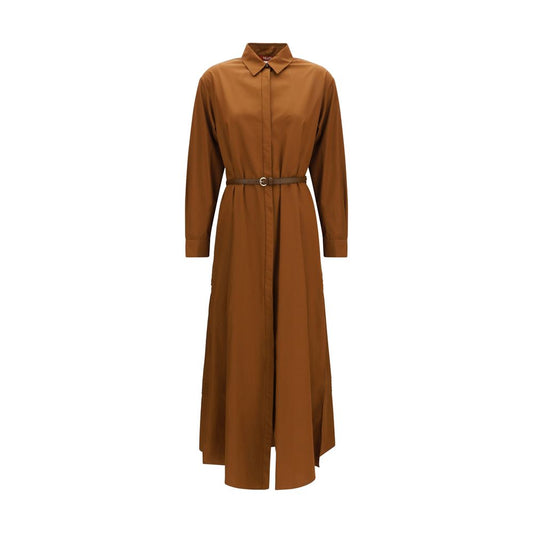 Dress by Max Mara for women in cotton satin brown features a dramatic silhouette, showcasing an elegant shirt-collar neckline and long-sleeve that flows into a dramatic long.