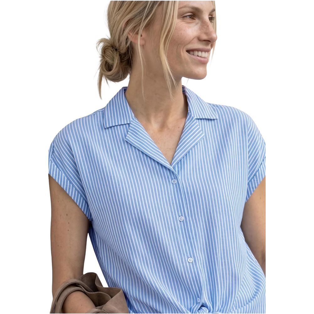Shirt by Street One for women in cotton blue & striped presents a discerning silhouette, showcasing a sophisticated and short-sleeve for a truly discerning finish.