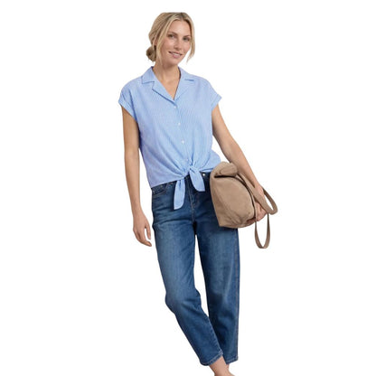 Shirt by Street One for women in cotton blue & striped showcases a sleek silhouette, elegantly detailed with a sleek and for a sleek finish.
