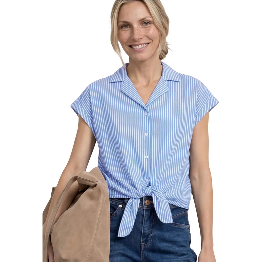 Shirt by Street One for women in cotton blue & striped showcases a sublime silhouette, artfully detailed with a sublime and for a sophisticated, sublime finish.
