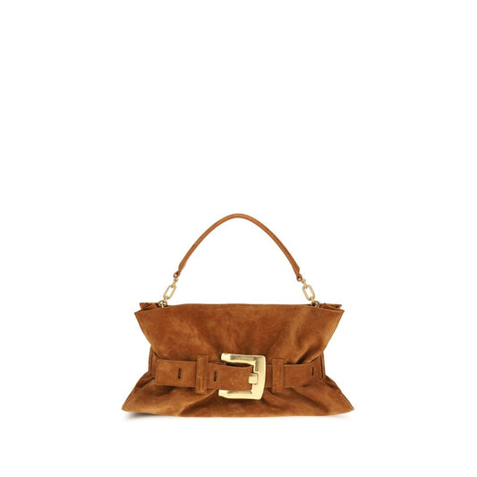 Medium Handbag by Balmain for women in bos taurus calfskin leather brown & gold features a signature silhouette, showcasing a secure snap, magnetic, buckle & button and signature cardholder with versatile belt-strap & handle for a sophisticated look.