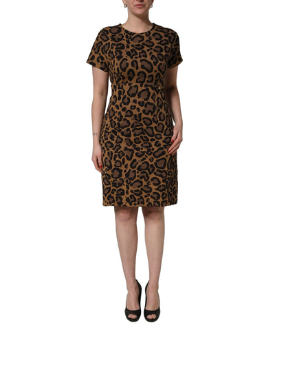 Dolce & Gabbana Women's Short-Sleeve Cotton Nylon & Polyester Knee Short Dress - Brown Leopard Print Patterned Jacquard Signature