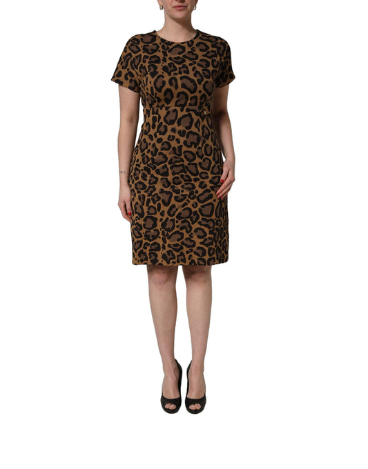 Dolce & Gabbana Women's Short-Sleeve Cotton Nylon & Polyester Knee Short Dress - Brown Leopard Print Patterned Jacquard Signature