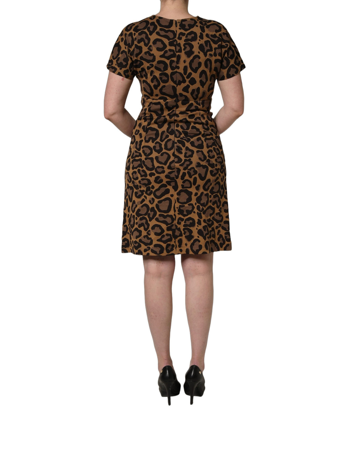 Dolce & Gabbana Women's Short-Sleeve Cotton Nylon & Polyester Knee Short Dress - Brown Leopard Print Patterned Jacquard Signature