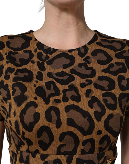 Dolce & Gabbana Women's Short-Sleeve Cotton Nylon & Polyester Knee Short Dress - Brown Leopard Print Patterned Jacquard Signature