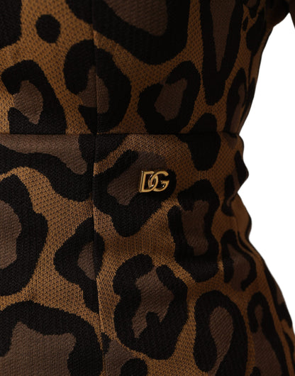 Dolce & Gabbana Women's Short-Sleeve Cotton Nylon & Polyester Knee Short Dress - Brown Leopard Print Patterned Jacquard Signature