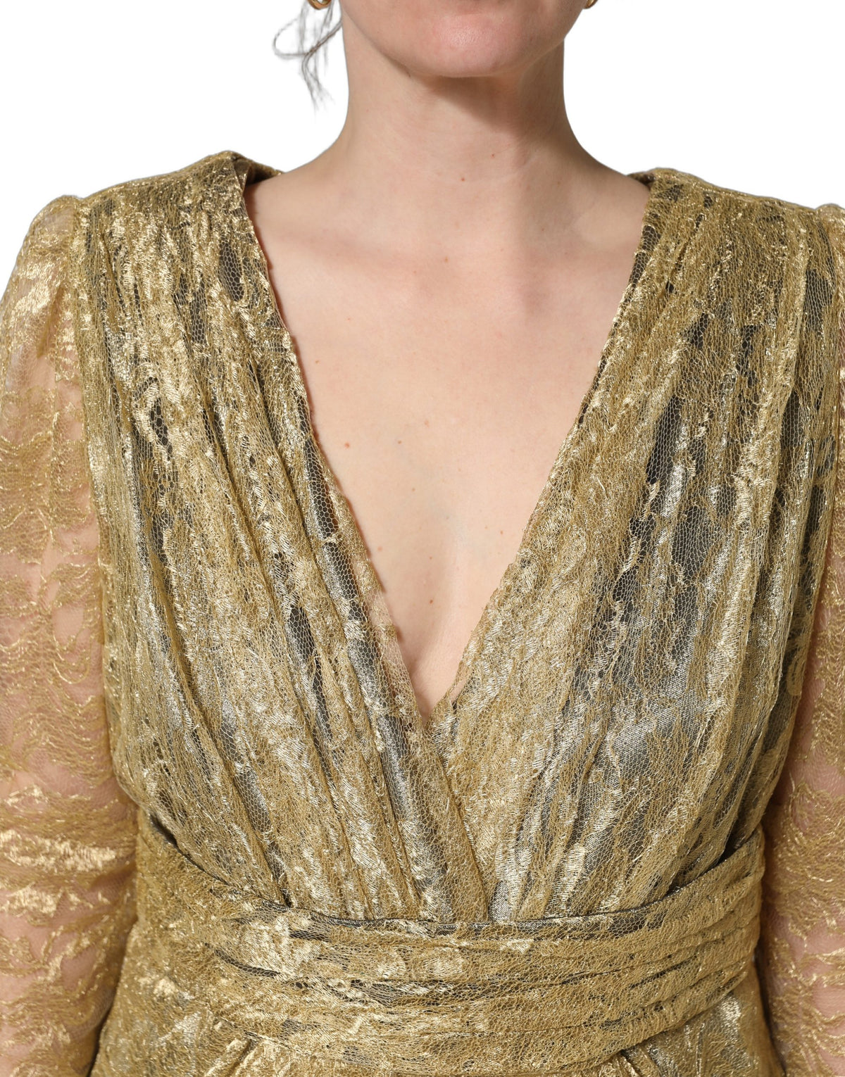 Dolce & Gabbana Gala Women's Gown Mermaid Wrap Cocktail Long-Sleeve Silk Lace Lurex & Crystal Long Dress - Gold Red
