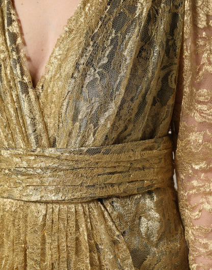 Dolce & Gabbana Gala Women's Gown Mermaid Wrap Cocktail Long-Sleeve Silk Lace Lurex & Crystal Long Dress - Gold Red