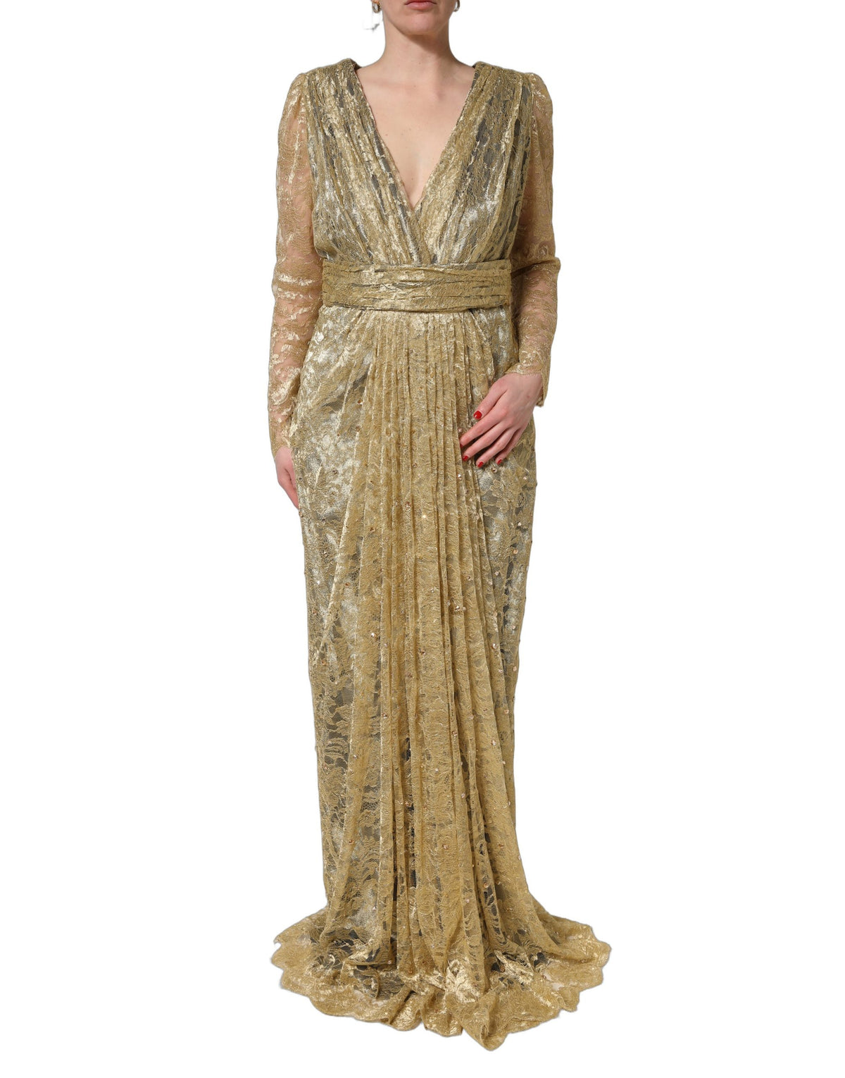 Dolce & Gabbana Gala Women's Gown Mermaid Wrap Cocktail Long-Sleeve Silk Lace Lurex & Crystal Long Dress - Gold Red