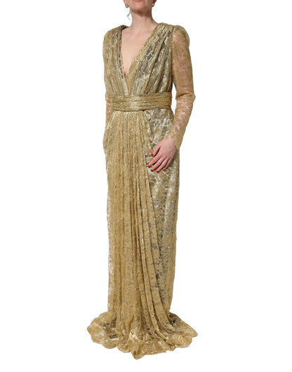 Dolce & Gabbana Gala Women's Gown Mermaid Wrap Cocktail Long-Sleeve Silk Lace Lurex & Crystal Long Dress - Gold Red