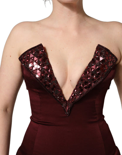 Dolce & Gabbana Women's Gown Wrap Cocktail Sleeveless; Strapless V Neck PVC Polyester Acetate Viscose Silk Satin Mini Long Dress - Maroon