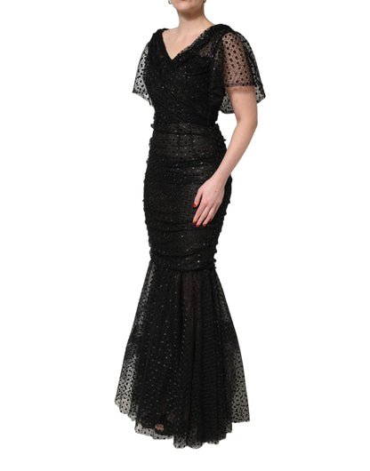 Dolce & Gabbana 501 Women's Gown Mermaid Wrap Cocktail Short-Sleeve Cotton Nylon Polyester & Sequins Mini Long Dress - Black Signature