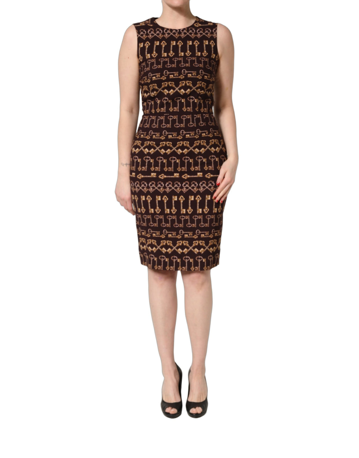 Dolce & Gabbana Women's Sheath Wrap Sleeveless Viscose Silk Knee Short Mini Dress - Brown Natural Patterned Signature Print