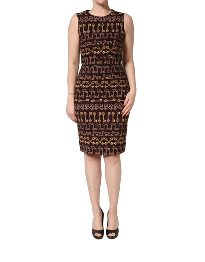 Dolce & Gabbana Women's Sheath Wrap Sleeveless Viscose Silk Knee Short Mini Dress - Brown Natural Patterned Signature Print