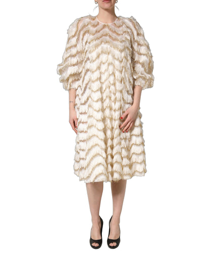 Dolce & Gabbana Women's Shift Cocktail Short-Sleeve Cotton Lurex Nylon & Silk Midi Dress - Ivory White Signature