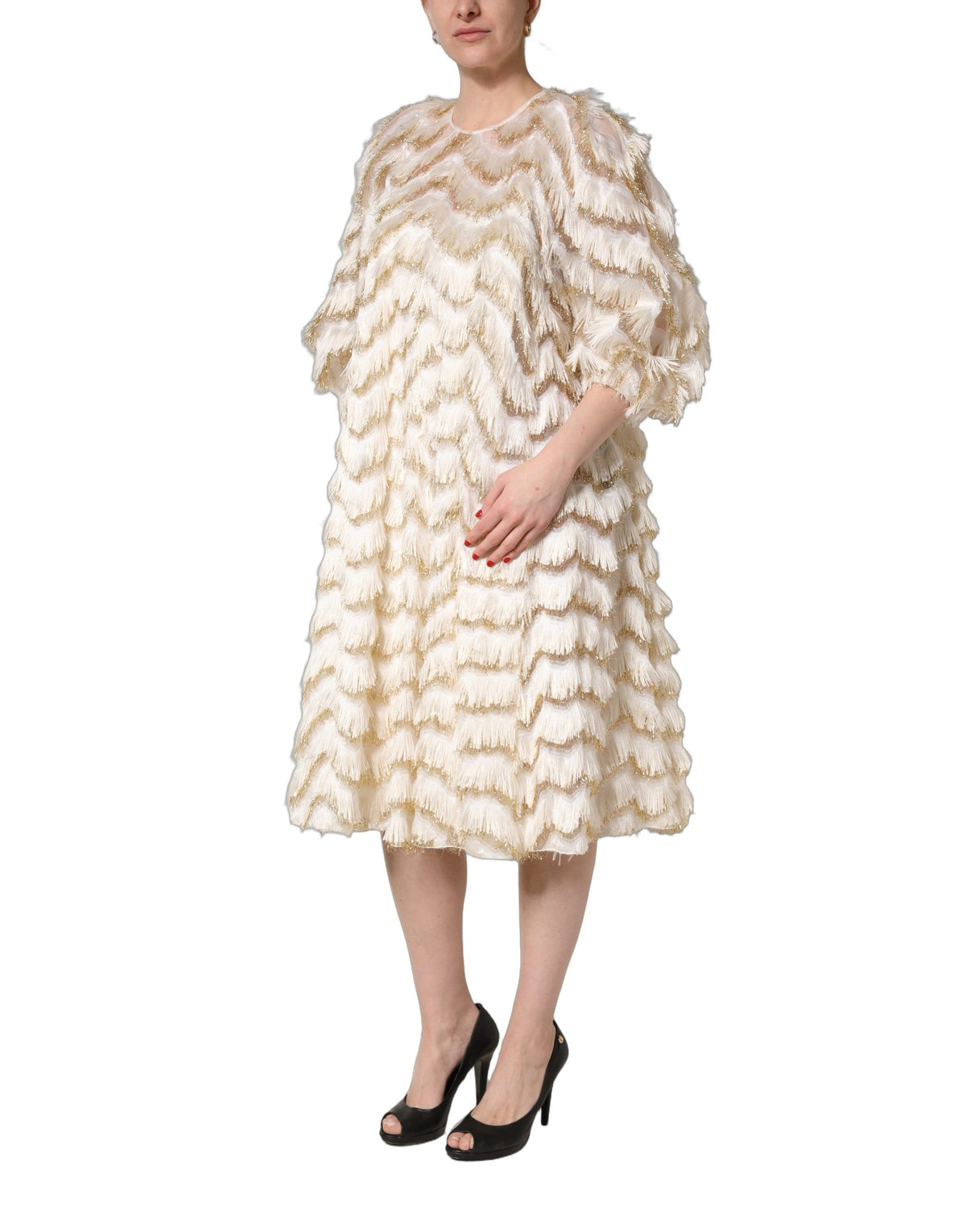 Dolce & Gabbana Women's Shift Cocktail Short-Sleeve Cotton Lurex Nylon & Silk Midi Dress - Ivory White Signature