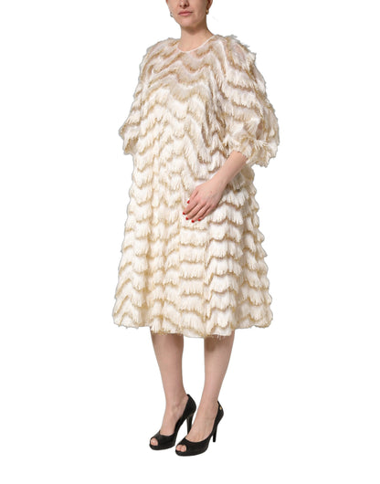 Dolce & Gabbana Women's Shift Cocktail Short-Sleeve Cotton Lurex Nylon & Silk Midi Dress - Ivory White Signature