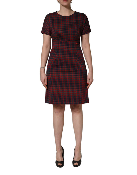 Dolce & Gabbana Women's Sheath Wrap Short-Sleeve Stretch Polyester Cotton Midi Short Dress - Black Red Patterned Checkered