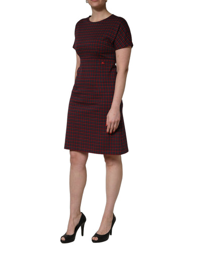 Dolce & Gabbana Women's Sheath Wrap Short-Sleeve Stretch Polyester Cotton Midi Short Dress - Black Red Patterned Checkered