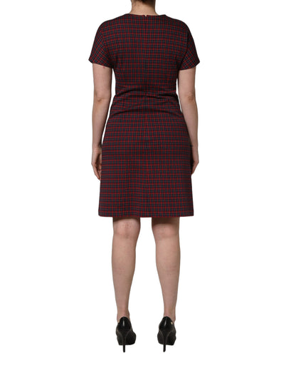Dolce & Gabbana Women's Sheath Wrap Short-Sleeve Stretch Polyester Cotton Midi Short Dress - Black Red Patterned Checkered