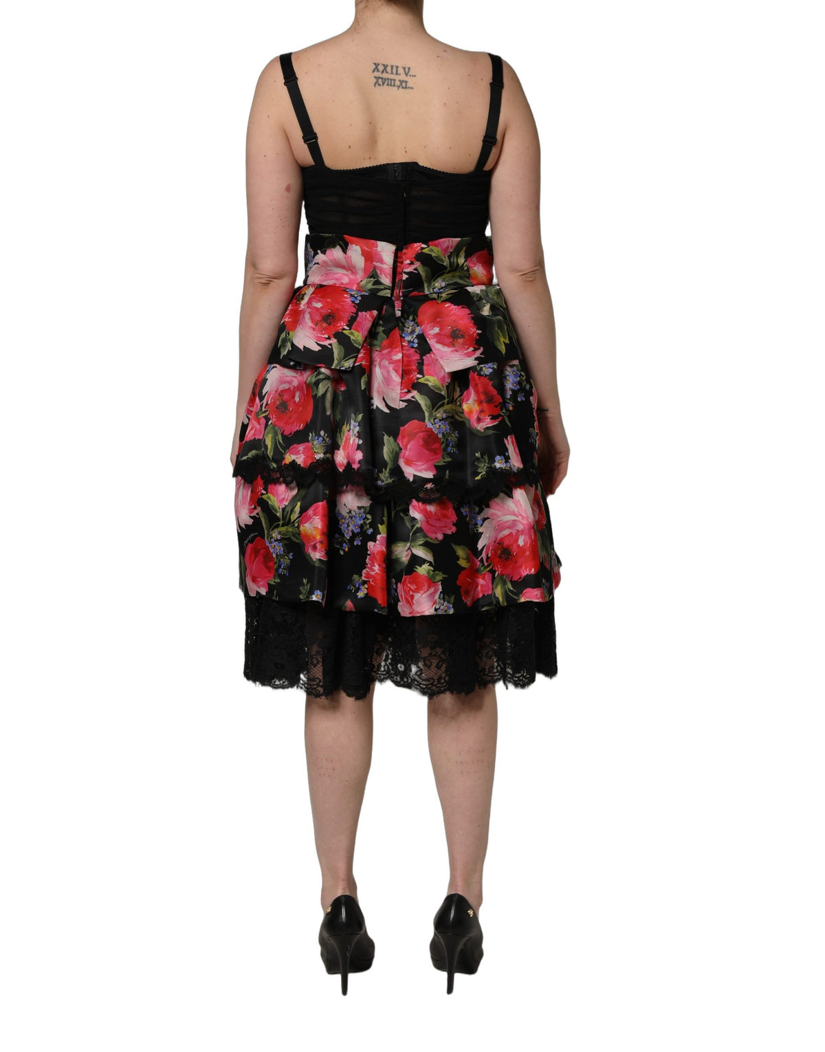 Dolce & Gabbana Aria Women's Wrap Corset Bustier Cocktail Sleeveless Stretch Cotton Nylon & Silk Mini Dress - Black Rose Patterned Floral Print