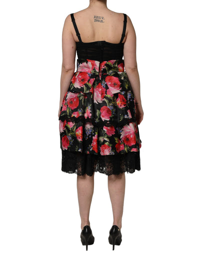 Dolce & Gabbana Aria Women's Wrap Corset Bustier Cocktail Sleeveless Stretch Cotton Nylon & Silk Mini Dress - Black Rose Patterned Floral Print