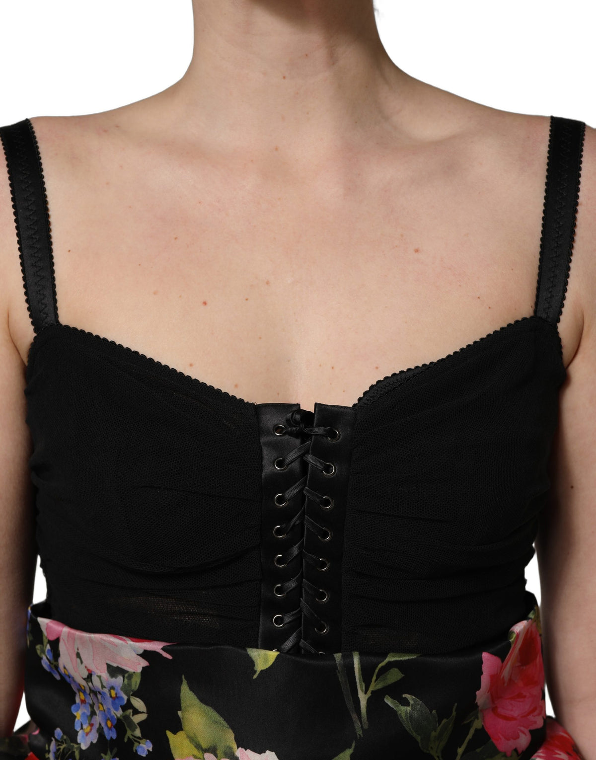 Dolce & Gabbana Aria Women's Wrap Corset Bustier Cocktail Sleeveless Stretch Cotton Nylon & Silk Mini Dress - Black Rose Patterned Floral Print